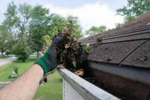 gutter cleaning-gloved hand removing leaves and debris from a gutter system