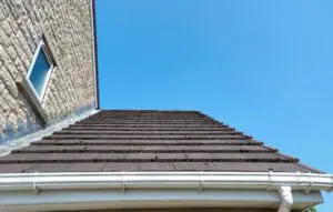 pitched roof-low view looking up at angled shingle roof