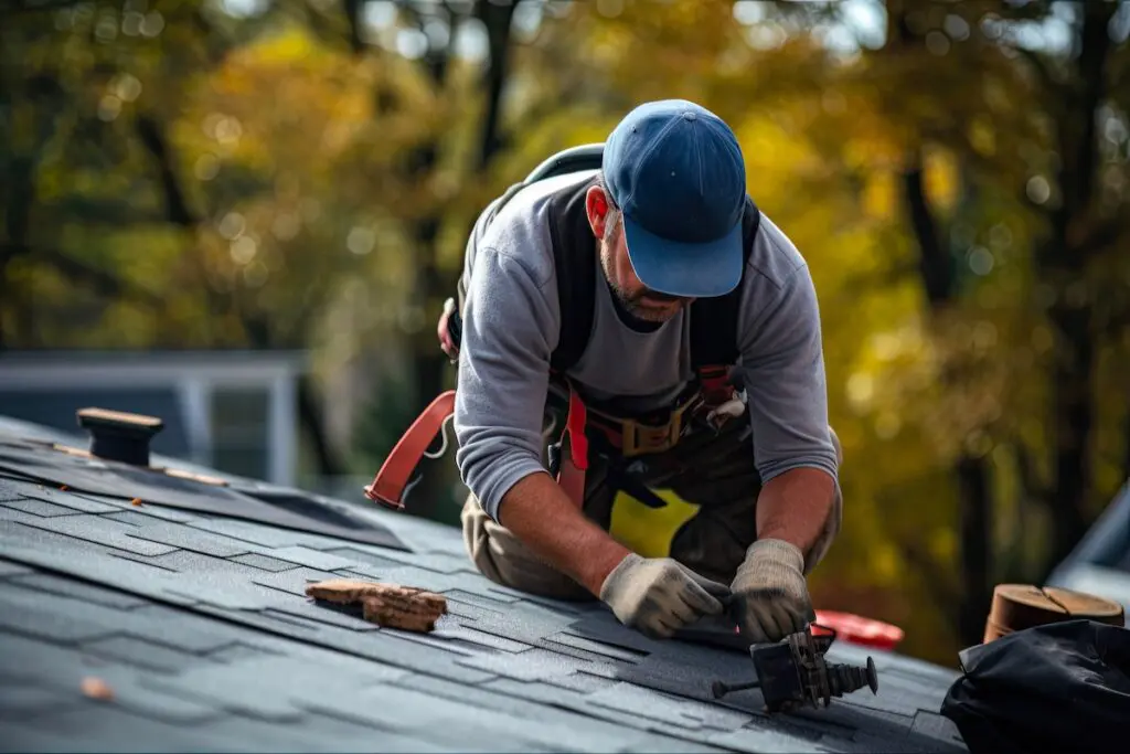 professional roofer fixing asphalt shingles on roof in powell ohio