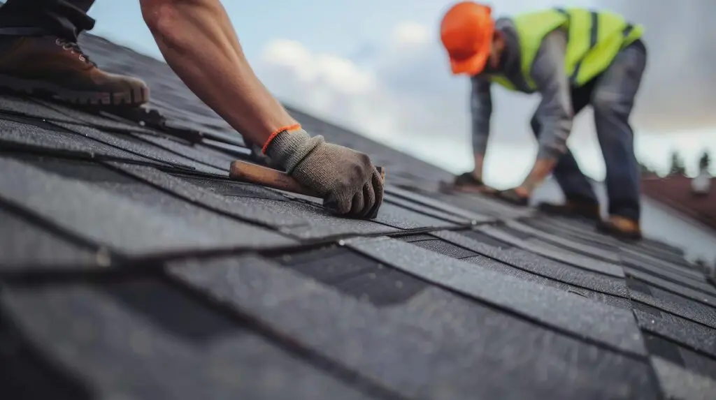 Roofing contractors repairing asphalt shingles on a residential roof in Reynoldsburg, Ohio, using hand tools and safety gear.