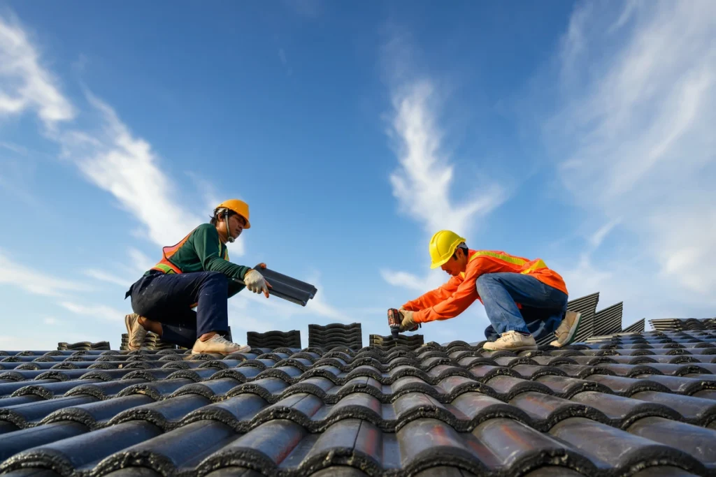 asian workers wearing safety helmets and placing roof tiles