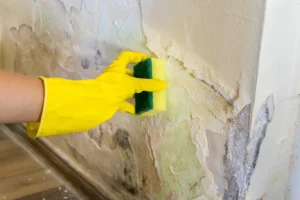 man wearing gloves and using sponge to mold infestation