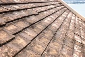 house clay roof with mold and algae