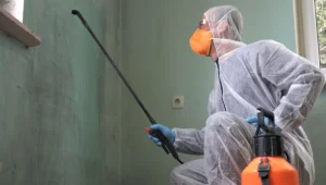 How much does mold removal cost-tech wearing protective gear using tools to remove mold from walls