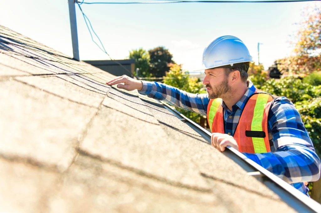 all-phase restoration worker performing roof inspection on asphalt shingle roof in Dublin, Ohio