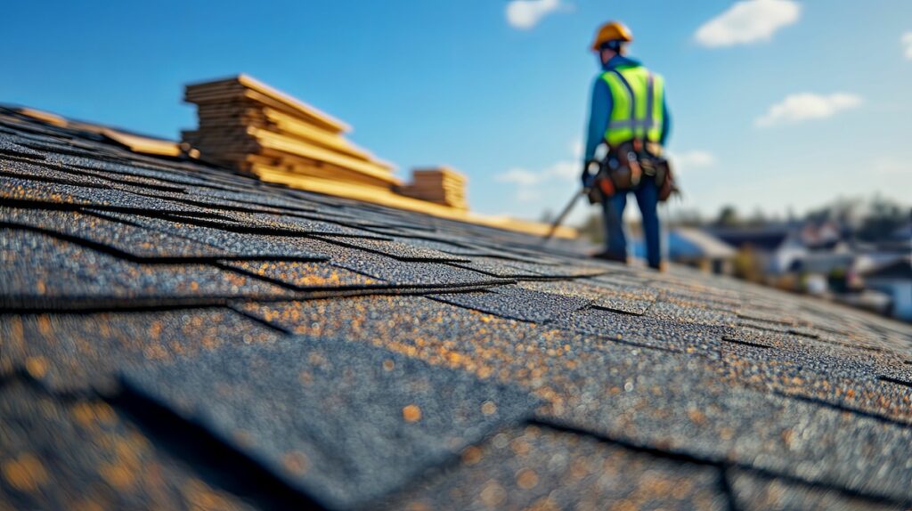 Roofing installation with a worker on a rooftop.