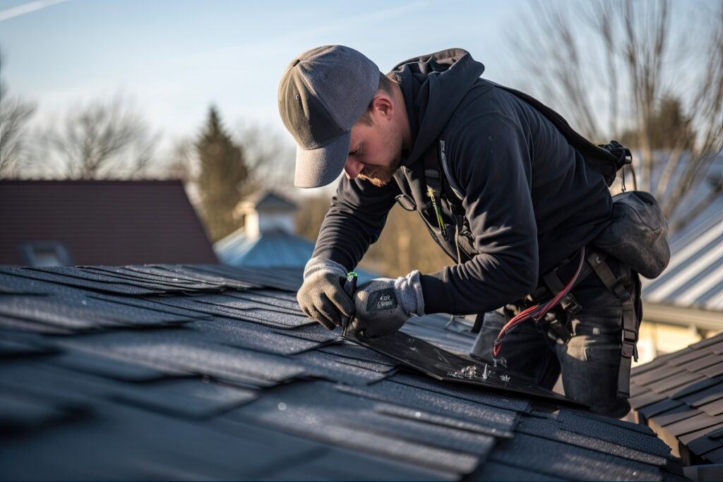 Akron Roofing - AllPhase Restoration Professional roofer in safety gear repairing asphalt shingles on a residential roof in Akron, Ohio, during daylight.